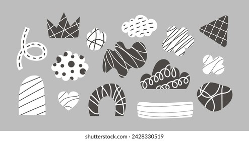 Hand drawn bizarre abstract forms collection. Modern black and white various contemporary figures, doodle objects and design graphic elements. Vector