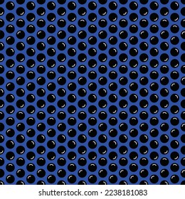 Hand drawn black 3D polka dots on blue background in seamless pattern.
