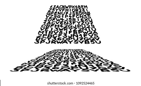 Hand drawn black alphabet grid distorted in 3D