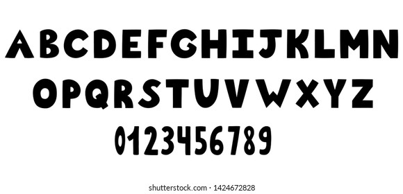 Hand drawn black alphabet with numbers. Vector illustration