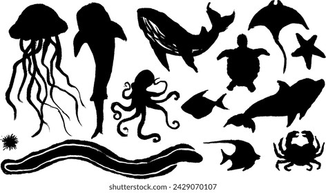 Hand drawn black Aquatic animals silhouette collection set. Vector illustration