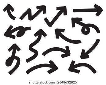 Hand Drawn Black Arrow Brush Collection. A bold collection of hand drawn flat style arrows in various directions and forms including curves zigzags loops and u turns for navigation