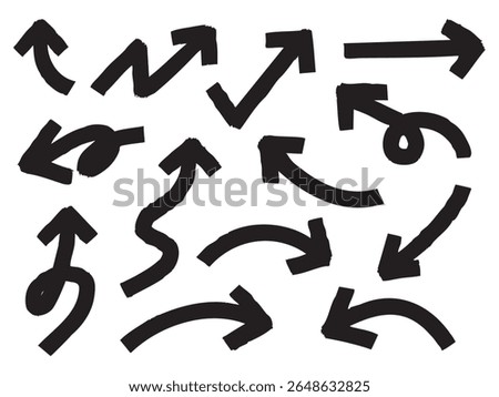 Hand Drawn Black Arrow Brush Collection. A bold collection of hand drawn flat style arrows in various directions and forms including curves zigzags loops and u turns for navigation