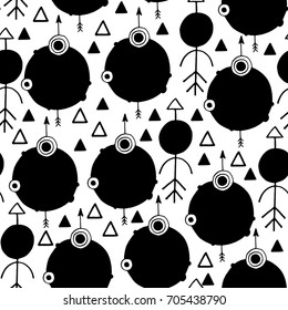 Hand drawn black arrow planets and triangles seamless pattern.