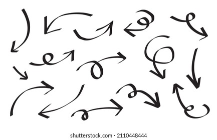 hand drawn black arrow set isolated on white background. Doodle vector illustration.