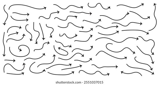 Hand drawn black arrow vector set isolated on white background.
