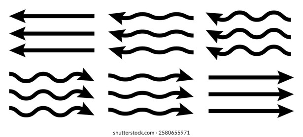 Hand drawn black arrows collection Set, simple flat curved arrows isolated on white background. Vector set of trendy long Direction arrows left and right in flat style, eps10