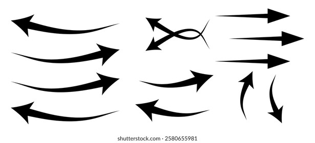 Hand drawn black arrows collection Set, simple flat curved arrows isolated on white background. Vector set of trendy long Direction arrows left and right in flat style, eps10