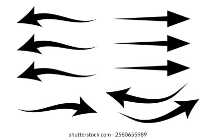 Hand drawn black arrows collection Set, simple flat curved arrows isolated on white background. Vector set of trendy long Direction arrows left and right in flat style, eps10