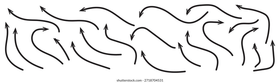Handgezeichnete schwarze Pfeile Symbol Set auf weißem Hintergrund. Pfeilsymbol mit verschiedenen Richtungen. Handgezeichnete Pfeile für moderne Logos.