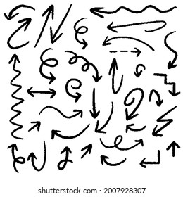 Hand drawn black arrows isolated on white background. Vector illustration doodle style design element set.