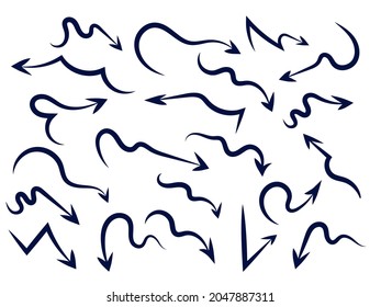Hand drawn black arrows isolated on white background. Vector illustration design element set.