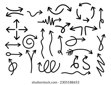 Hand drawn black arrows isolated on white background. Vector illustration design element set.