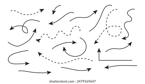 Hand drawn black arrows isolated on white background. Vector illustration design element set.