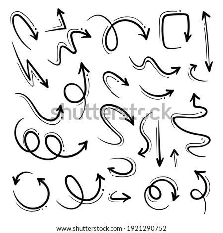 Hand drawn black arrows isolated on white background. Vector illustration design element set.