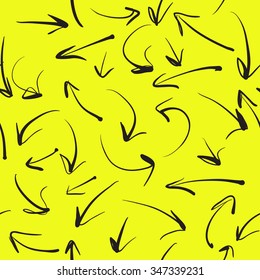 Hand drawn black arrows on a yellow background. Vector seamless pattern
