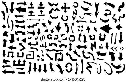 Hand drawn black arrows set. Modern sketch arrow collection handmade doodle style