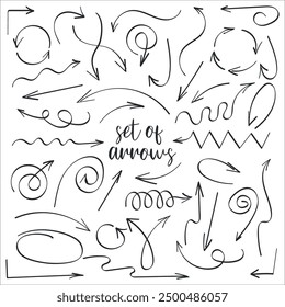 Hand drawn black arrows set on white background. Arrow, underline, mark check elements. Brush, pen or marker doodle pointer sketches. Education or business concept. Vector illustration.