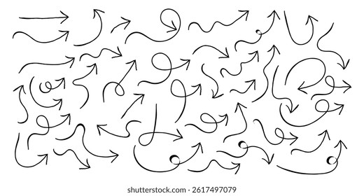 Hand drawn black arrows set in simple line various styles