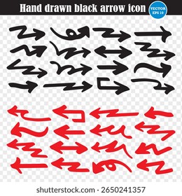 Hand drawn black arrows in various style. Arrow mark icons and arrow paint. Stock vector illustration. EPS 10