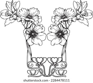  hand drawn black arte nuovo flowers vector 