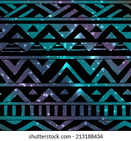 Hand Drawn Black Aztec Tribal Seamless Background Pattern on Cosmic Background