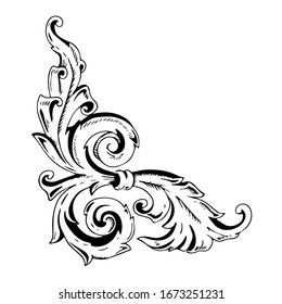 Hand drawn black baroque rococo antique acantthus branch with leafs and curves isolated on white background for design, architecture, decoration