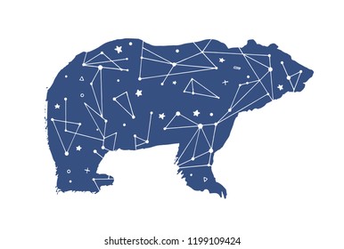 Hand drawn Black Bear vector illustration of the constellation Ursa Major on the bear silhouette whith patterns inside