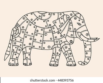 Hand Drawn Black, beige color elephant metal patches with rivets and bolts. Vector illustration