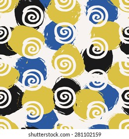 Hand drawn black, blue and lime green circles seamless pattern. Dry brush round strokes repeat texture.