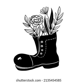 Hand drawn black boot with bouquet of flowers