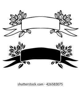 Hand drawn black borders, leaves, ribbon isolated on white background set