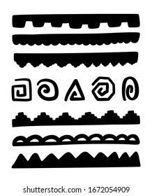 Hand drawn black borders  and symbols in scandinavian style isolated on a white background. Cartoon Folk borders for kids poster. Vector illustration.