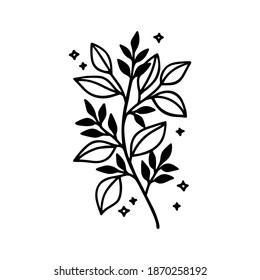 Hand drawn black botanical floral leaf branch vector illustration. Line art element for wedding invitation card, icon, logo, symbol, coloring book, feminine brand, beauty product, and decoration