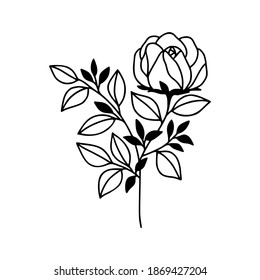Hand drawn black botanical rose flower and floral leaf branch line art element for wedding invitation card, icon, logo, symbol, feminine brand, beauty product, and decoration