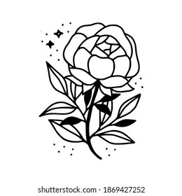 Hand drawn black botanical rose flower and floral leaf branch line art element for wedding invitation card, icon, logo, symbol, feminine brand, beauty product, and decoration