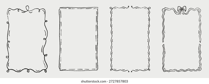 Handgezeichneter schwarzer Bogenrahmen mit Schnürsenkeln. Grußkarten, Hochzeits- und Geburtstagsfeiereinladungen im eleganten Coquette-Stil. Vektorgrafik in Vintage-Buntstifttechnik