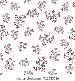 Hand drawn black branches with red berries on white background. Vector seamless pattern.