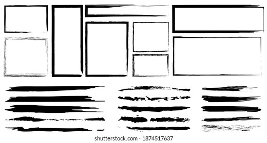 Hand drawn black brush lines rectangles. Grunge texture. Doodle black illustration. Stock image.