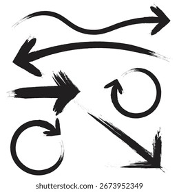 Hand Drawn Black Brush Stroke Arrows Collection with Circular, Curved, Straight, and Diagonal Artistic Directions