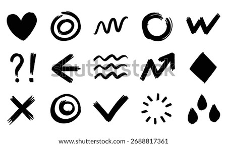 Hand drawn black brush stroke icons collection various shape design