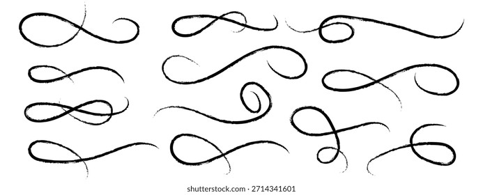 Handgezeichnete schwarze kalligrafische Schriftrolle und dekorative Blütenelemente. Markieren Sie Textelemente, Symbol für geschweifte Linien. Vektorgrafik.