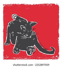 Hand drawn black cat cleaning its fur. Minimalist linocut graphic style. Can be used as a stamp on fabric, postcard, poster, ex libris design