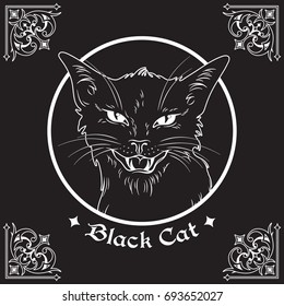 Hand drawn black cat head in frame over black background and ornate gothic design elements. Wiccan familiar spirit, pagan witchcraft theme vector illustration