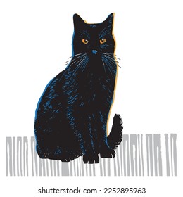 Hand drawn black cat in ink art style. Vector isolated illustration