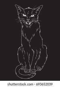Hand drawn black cat isolated over black background. Wiccan familiar spirit, pagan witchcraft theme design vector illustration