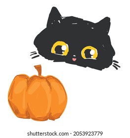 Hand Drawn Black Cat, Kitten sits in pumpkin fun design poster card for Halloween holiday illustration vector