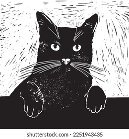 Hand drawn black cat in minimalist linocut graphic style. Can be used as a stamp on fabric, postage stamp, postcard