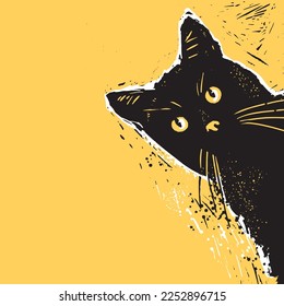 Gato negro dibujado a mano en estilo gráfico linocut minimalista. Puede utilizarse como sello de tela, sello postal, postal