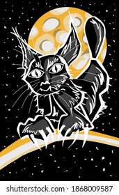 Hand drawn black cat at night isolated on black background eps10 vector illustration.